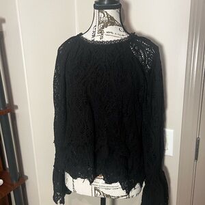 Gothic Tribal Black Long Sleeve Crochet Lace Top